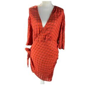 Zara Womens Dress Red Size XL Wrap Tie Minidress Pleated 100% Cotton 3/4 Sleeve